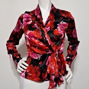 Jones New York Red Pink Feminine Pintuck V-Neck Floral Satin Wrap Top Size SP